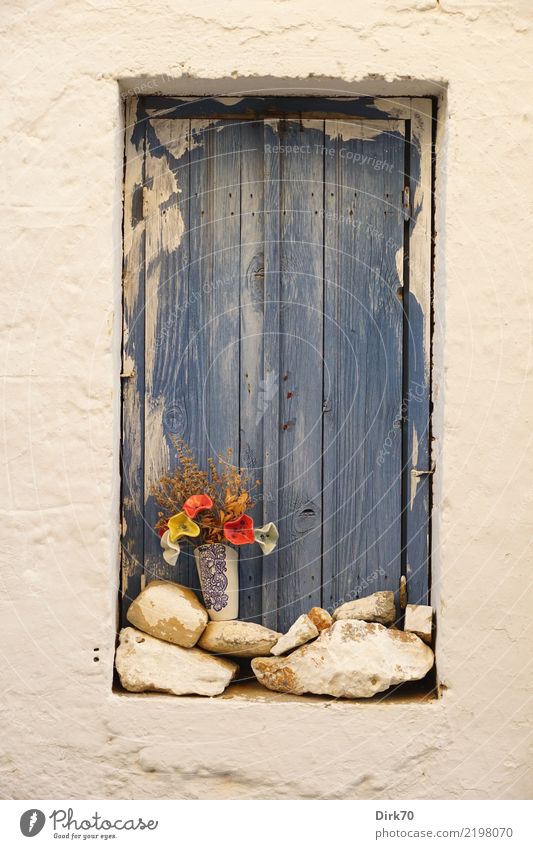 Cretan window with ceramic flowers Lifestyle Style Tourism Living or residing Flat (apartment) Garden Decoration Arts and crafts  Pottery Flower Crete Village
