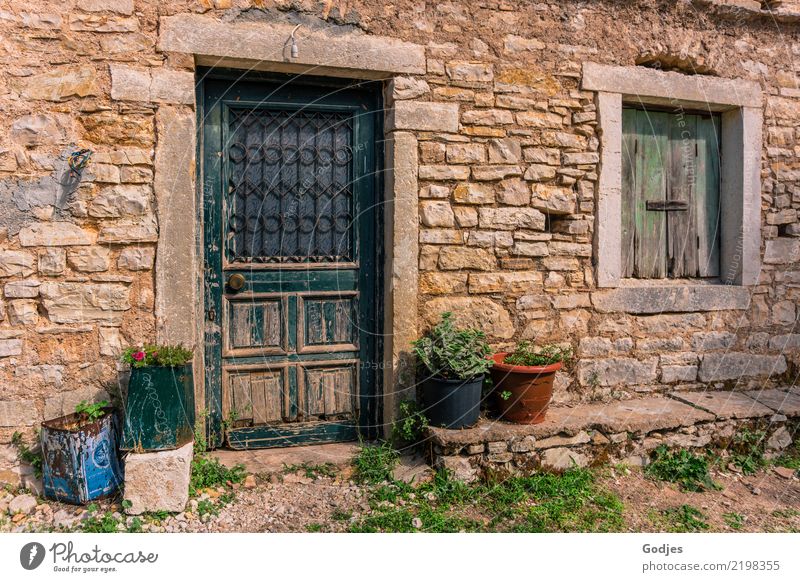 Facade, Old Perithia Earth Plant Grass Agricultural crop Pot plant Corfu Village Deserted Wall (barrier) Wall (building) Window Door Doorknob Shutter Blue Brown
