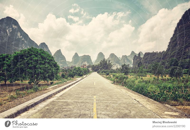 Countryside road, China. Vacation & Travel Trip Adventure Freedom Sightseeing Expedition Camping Nature Landscape Clouds Tree Street Far-off places Retro Green