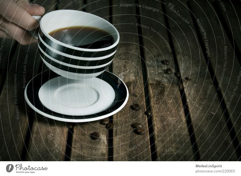 time-out To have a coffee Beverage Drinking Hot drink Coffee Wood Brown Black White Contentment Calm Thirst Coffee cup Coffee break Table Wooden table Hand