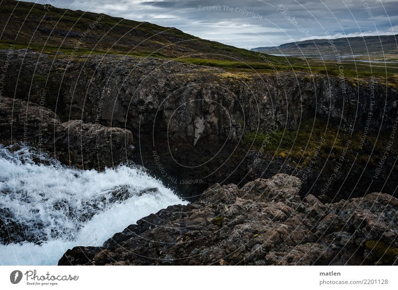 crash Nature Landscape Sky Clouds Spring Weather Rock Mountain Waves River bank Waterfall To fall Dark Blue Brown Gray White Crash Canyon Iceland Westfjord