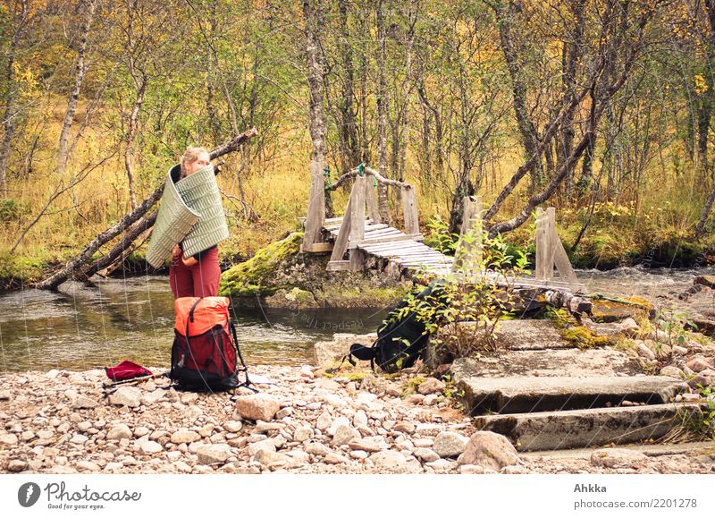 Young woman, bridge, hide, play, nature Playing Children's game Trip Adventure Hiking Youth (Young adults) 1 Human being Nature Autumn River bank Scandinavia