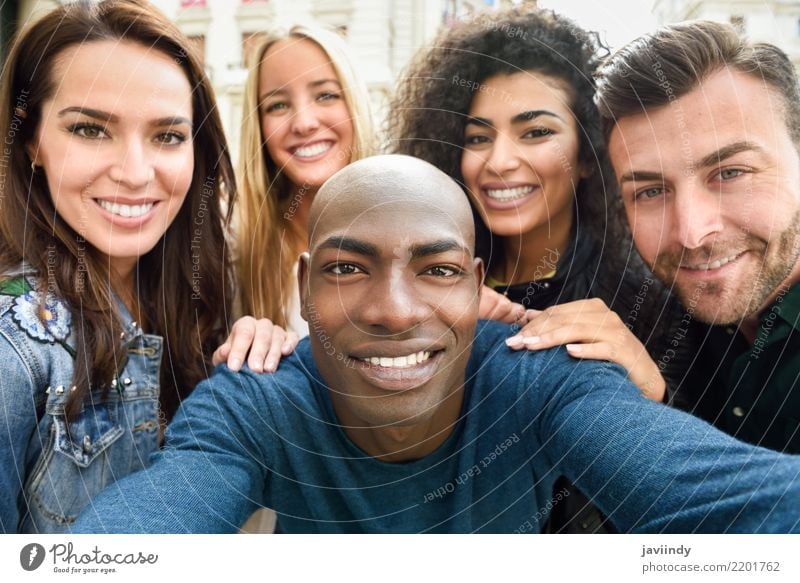 Multiracial group of friends taking selfie in a urban street Lifestyle Joy Happy Beautiful Leisure and hobbies Vacation & Travel PDA Camera Woman Adults Man