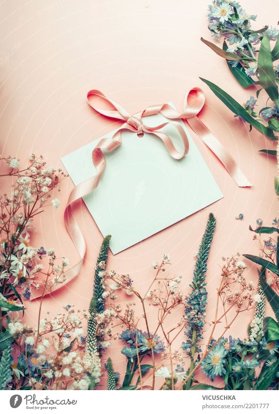 Empty greeting card with bow and flowers on pastel background Elegant Style Decoration Feasts & Celebrations Valentine's Day Mother's Day Wedding Birthday
