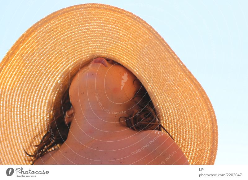 small girl wearing a big straw hat looking up Lifestyle Elegant Style Exotic Beautiful Harmonious Contentment Senses Swimming & Bathing Vacation & Travel