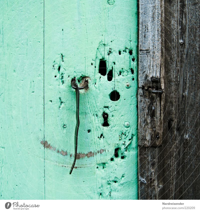 ;-) Door Old Green Whimsical Past Lock Checkmark Door lock Smiley Grinning Smiling Closure Open Colour photo Exterior shot Copy Space left Copy Space top