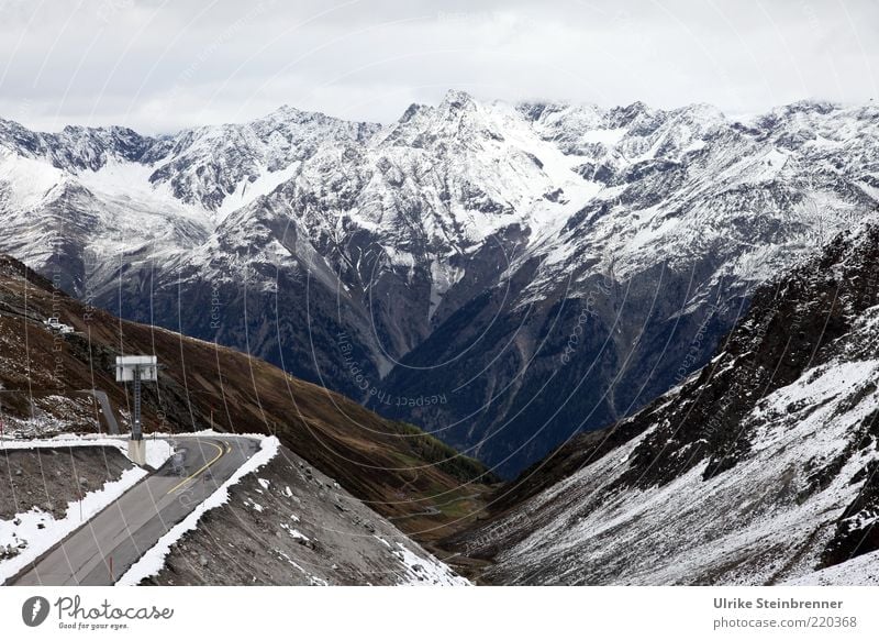 Pass road to the Rettenbach glacier with view of the Ötztal Alps Winter Snow Mountain Landscape Peak Street Tall Loneliness Curve Virgin snow Valley Sölden