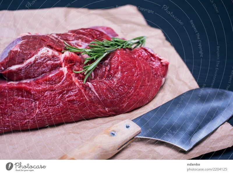 raw beef fillet Food Meat Herbs and spices Dinner Knives Table Kitchen Paper Wood Eating Fresh Natural Green Red Black background Beef Blood board butcher Chop
