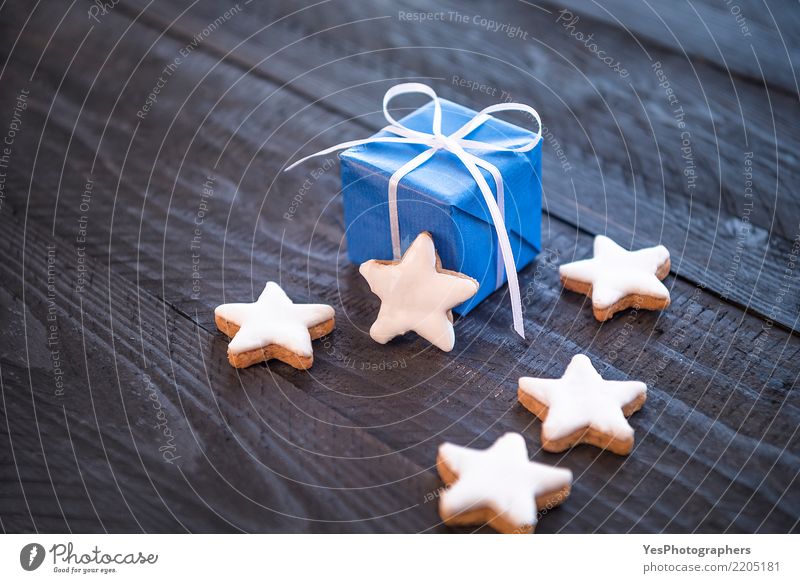 Gift and star shaped cookies Dessert Happy Decoration Feasts & Celebrations Christmas & Advent Birthday Cute Baked goods black background christmas atmosphere