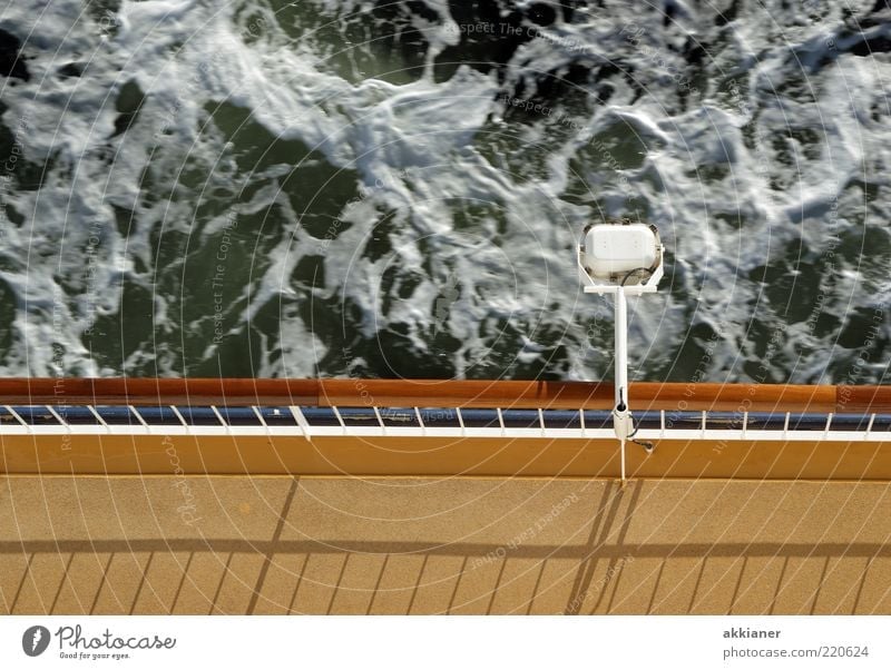 lower deck Environment Nature Waves Baltic Sea Ocean Wet Lamp Handrail Watercraft Ferry Deck Colour photo Subdued colour Exterior shot Deserted Day Light Shadow