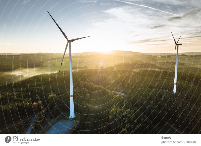 Wind farm in the forest at sunset from above Industry Energy industry Technology Advancement Future High-tech Renewable energy Wind energy plant Nature Sky