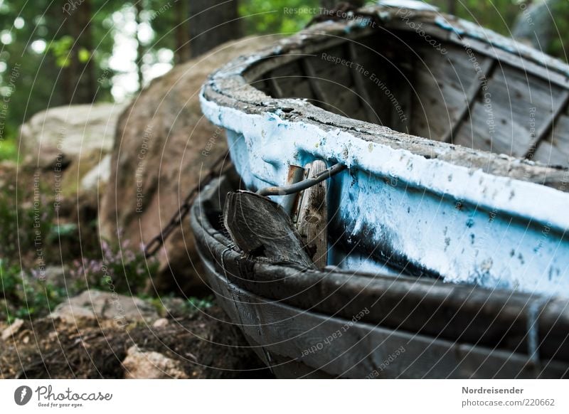 Sitting on dry land Summer Fishing boat Rowboat Wood Old End Stagnating Moody Decline Transience Colour photo Subdued colour Exterior shot Deserted