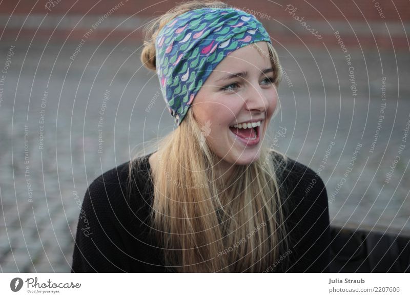 Young woman with blonde long hair and headband laughs exaggeratedly Feminine Woman Adults 1 Human being 18 - 30 years Youth (Young adults) Hamburg Fish market