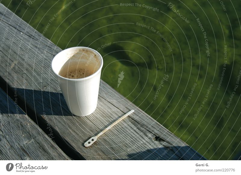 CoffeeToGo To have a coffee Beverage Hot drink Mug Spoon Relaxation Calm Water Wood Contentment Lake Footbridge Break Morning break Green Considerable