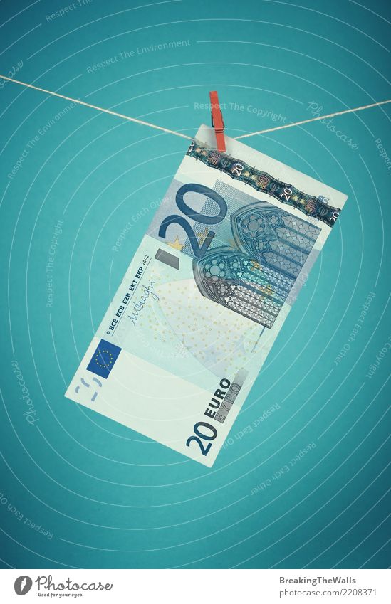 Twenty Euro currency banknote hanging over blue Economy Trade Financial Industry Business Retro Blue Turquoise Colour Threat 20 Hang Rope Money Bank note
