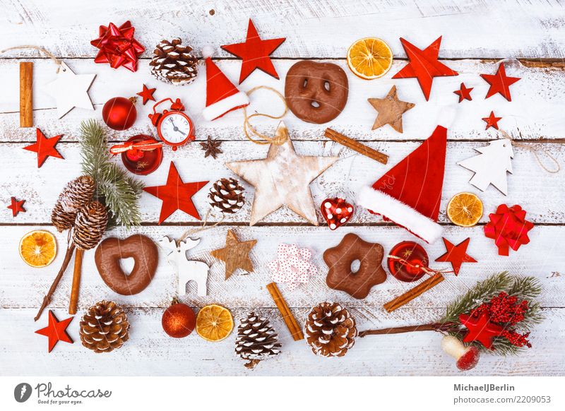 Christmas decoration and food on white table Winter Christmas & Advent White Chaos Arranged Grunge Untidy Many Elements Mixed Ornament Public Holiday December