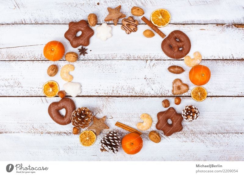 Christmas dinner arranged in a circle Food Nutrition Winter Christmas & Advent Arrangement Arranged Grunge Gingerbread Tangerine Cinnamon Table White