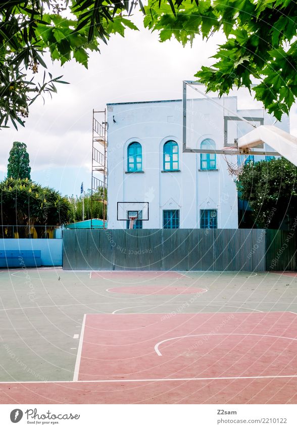 greek urbanism Town Places Architecture Sporting grounds Simple Design Break Planning School Greece Basketball basket Tartan Colour photo Exterior shot