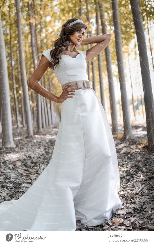 Beautiful bride outdoors in a forest Design Happy Hair and hairstyles Wedding Human being Woman Adults Nature Fashion Dress Bouquet Cute Soft Green White Bride