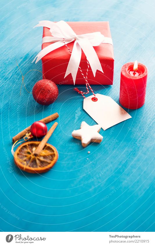 Red gift box with tag Dessert Herbs and spices Happy Handcrafts Feasts & Celebrations New Year's Eve Friendship Package Candle Globe Surprise