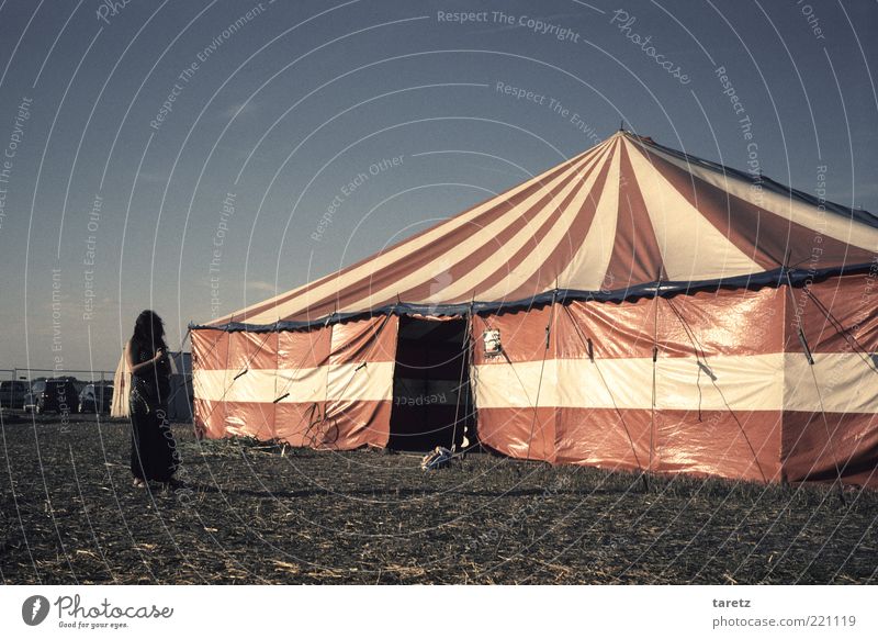 The silence before the festival Leisure and hobbies Anticipation Wait Expectation Calm Circus tent Striped Reddish white Serene Alternative Entrance Tension