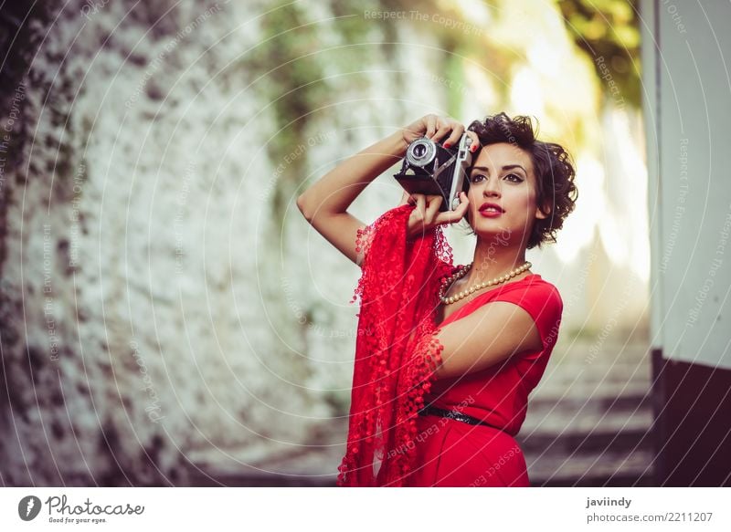 Woman wearing red dress taking photographs with a old camera Luxury Elegant Style Design Happy Beautiful Hair and hairstyles Make-up Summer Camera Human being