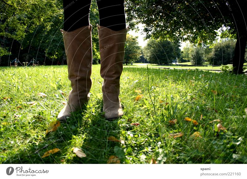 sunshine Legs Feet 1 Human being Stockings Boots Footwear Spring fever Willpower Leisure and hobbies Meadow Grass Leaf Tree Colour photo Exterior shot Close-up