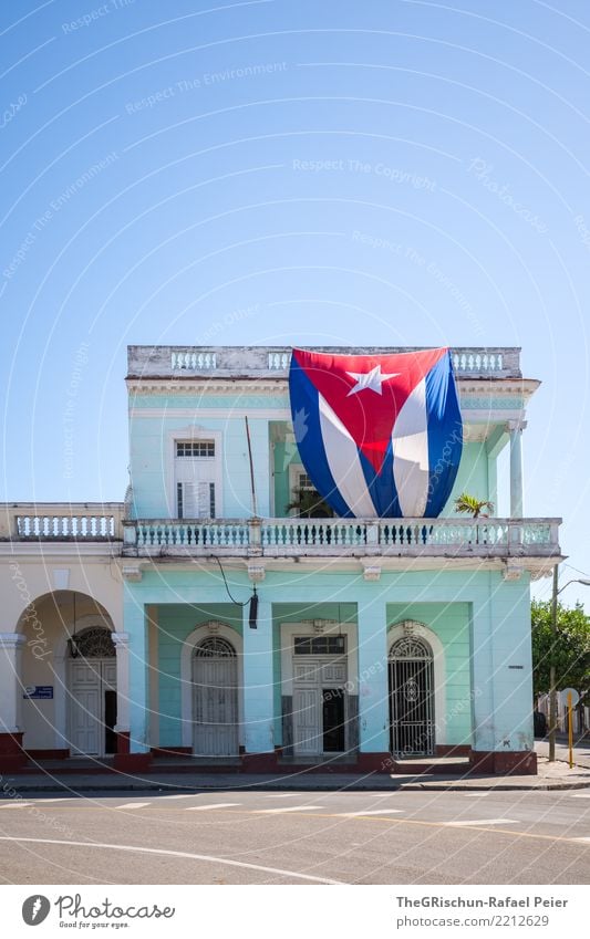 Cienfuegos (KUBA) Village Small Town House (Residential Structure) Blue Multicoloured Gray Green Red Flag Cuba Balcony Column Stars Stripe Old times epic