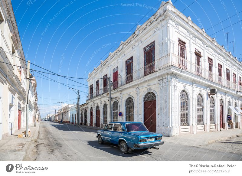 Cienfuegos (KUBA) Village Small Town Blue Gray White Cuba House (Residential Structure) Manmade structures Old Facade Door Balcony Car Driving Vintage car
