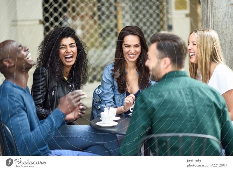 Multiracial group of five friends having a coffee together. Coffee Lifestyle Shopping Joy Happy Beautiful Summer Table Meeting Human being Masculine Feminine