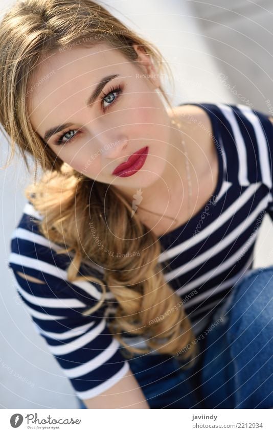 Close-up portrait of blonde woman, model of fashion, possing in urban background. Lifestyle Happy Beautiful Hair and hairstyles Summer Human being Feminine