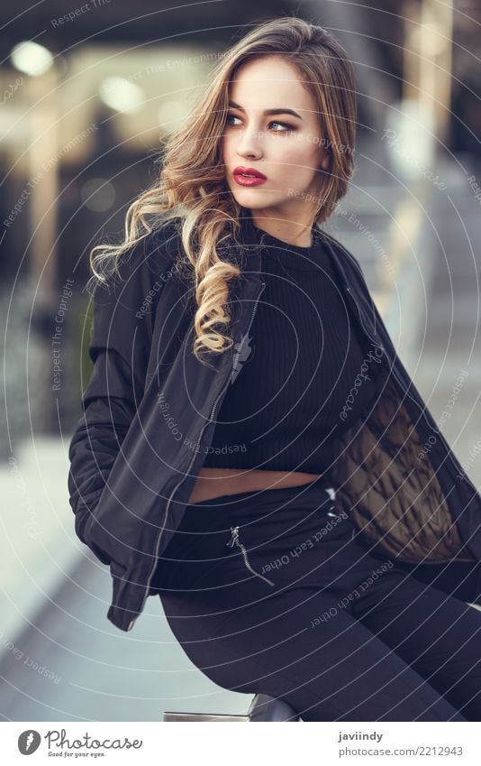 Russian blonde girl wearing black jacket and trousers outdoors. Lifestyle Style Beautiful Hair and hairstyles Human being Woman Adults 1 18 - 30 years