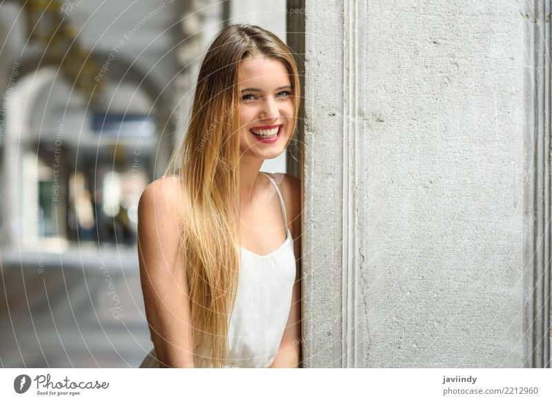 Portrait of beautiful blonde girl in urban background wearing white dress Lifestyle Happy Beautiful Hair and hairstyles Face Summer Human being Feminine Woman