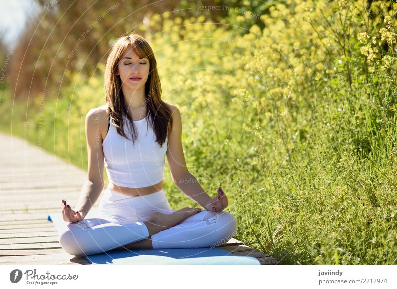 Young woman doing yoga on wooden road in nature. Lifestyle Beautiful Body Relaxation Meditation Summer Sports Yoga Human being Feminine Woman Adults 1