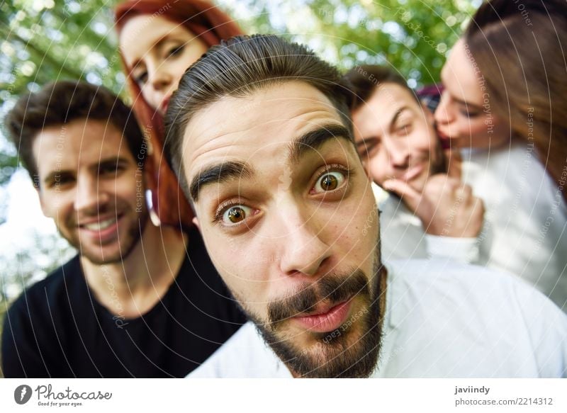 Group of friends taking selfie in urban park Lifestyle Joy Happy Beautiful Leisure and hobbies Telephone PDA Camera Human being Woman Adults Man Friendship 5