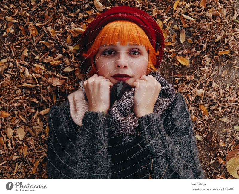 Beautiful and redhead woman in an autumn day Lifestyle Style Face Human being Feminine Young woman Youth (Young adults) 1 18 - 30 years Adults Nature Autumn