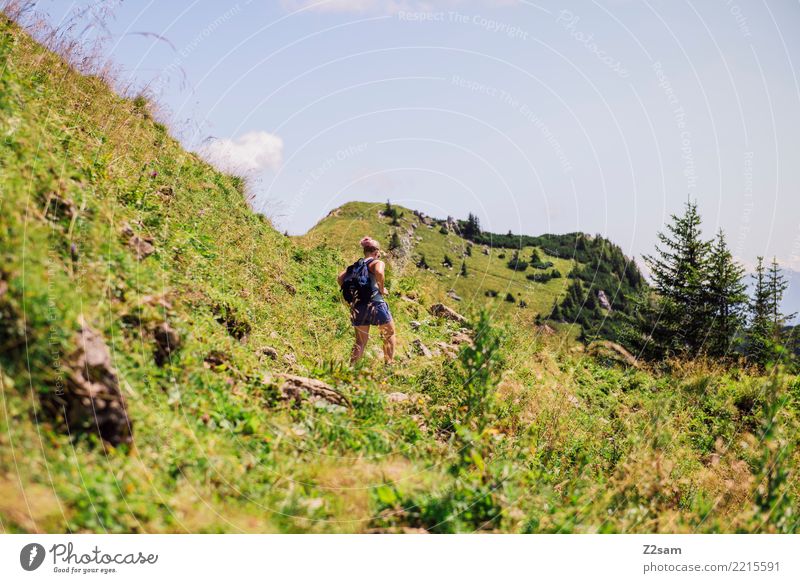 Ascent to the Rotwand in Upper Bavaria Hiking Young woman Youth (Young adults) 18 - 30 years Adults Landscape Beautiful weather Meadow Alps Mountain Backpack