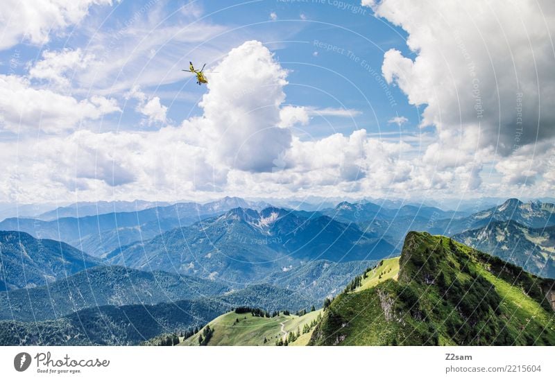 Helicopter operation in the Upper Bavarian Alps Hiking Nature Landscape Summer Beautiful weather Mountain Peak Flying Esthetic Gigantic Blue Green Calm
