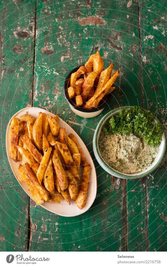 Sweet potato fries French fries sweet potato Potatoes Dip Parsley Snack Food Fast food Delicious Nutrition Fat Eating Snack bar Unhealthy Appetite To enjoy Meal