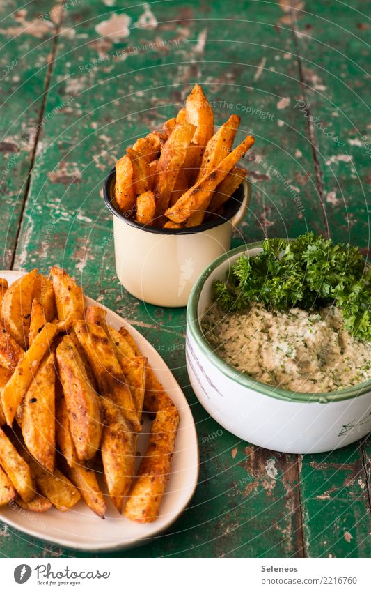 sweet potato chips Food Vegetable French fries Dip Parsley Nutrition Eating Organic produce Vegetarian diet Fast food Snack Fresh Healthy Delicious Colour photo