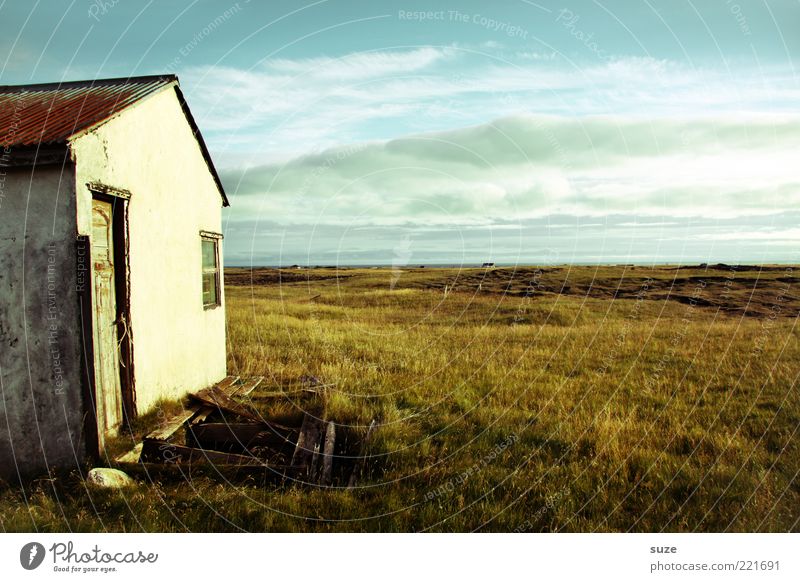 house Far-off places Freedom House (Residential Structure) Nature Landscape Sky Clouds Horizon Meadow Deserted Hut Ruin Facade Window Door Old Loneliness