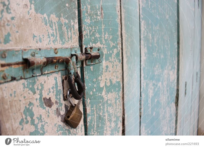 nostalgic bolt Wood Metal Steel Lock Key Old Near Retro Blue Brown Safety Protection Loneliness Emotions Past Colour photo Exterior shot Close-up Detail