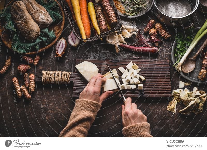 Hands cut vegetables on rustic kitchen table Food Vegetable Nutrition Organic produce Vegetarian diet Diet Pot Knives Style Healthy Eating Living or residing