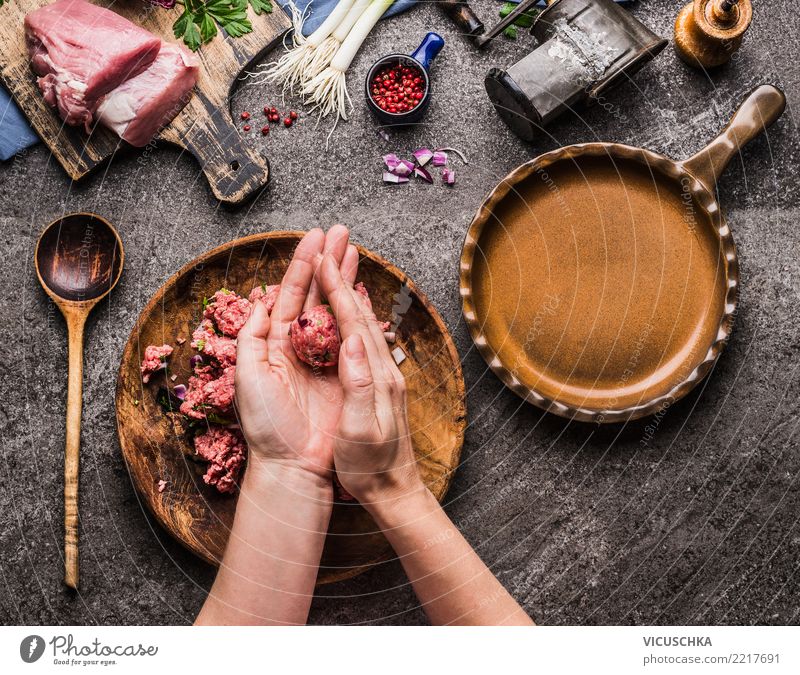 Female hands make meatballs Food Meat Nutrition Lunch Dinner Organic produce Plate Bowl Pan Lifestyle Living or residing Table Feminine Hand Design Style
