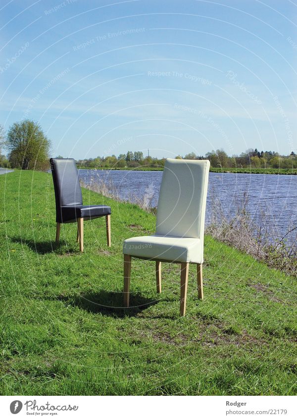 Dialogue of chairs Chair Black White Loneliness River Water Landscape Nature