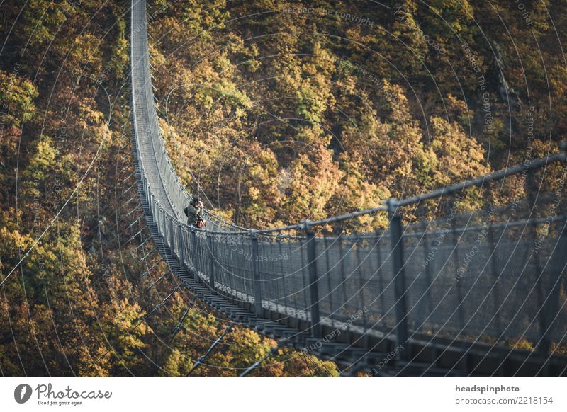 Photographer on the Geielay suspension bridge in autumn Athletic Hiking Masculine 1 Human being Nature Landscape Sunrise Sunset Autumn Forest Hill Mountain