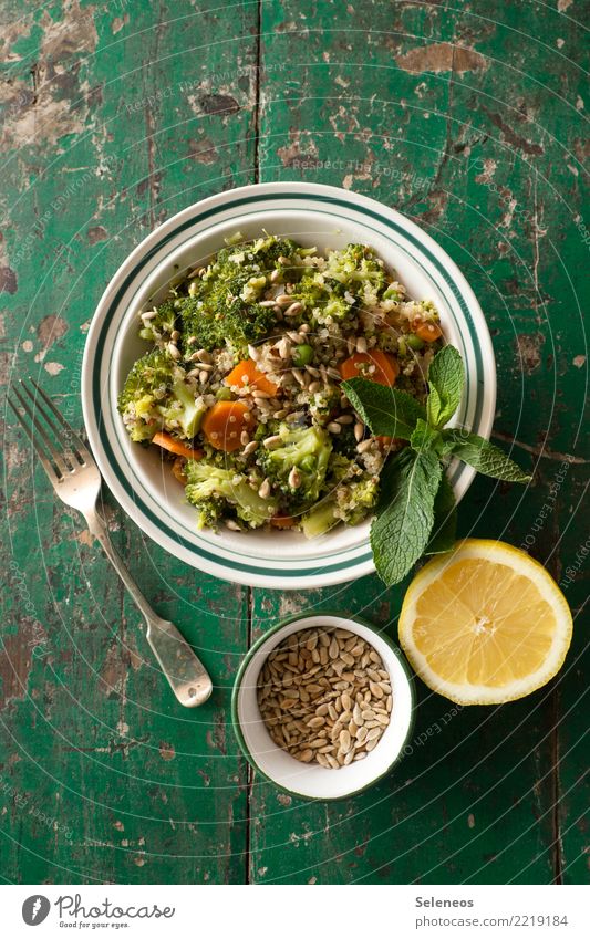 stay healthy Food Vegetable Lettuce Salad Broccoli Mint Mint leaf Lemon Carrot Sunflower seed Nutrition Eating Organic produce Vegetarian diet Diet Fasting Fork