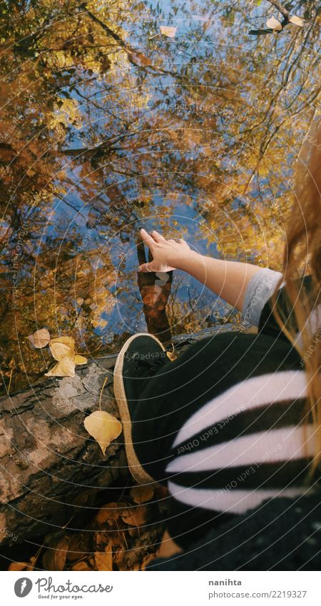 Woman touching water with trees reflection Lifestyle Hand Tourism Adventure Freedom Environment Nature Plant Water Sky Summer Autumn Tree Leaf Lakeside Pond
