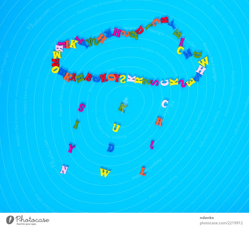 cloud of multi-colored wooden letters Decoration Clouds Rain Wood Blue Yellow Green Red Colour many Cast iron alphabet Conceptual design Symbols and metaphors