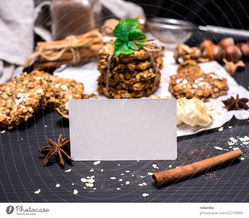 oatmeal cookies and ingredients Dessert Nutrition Breakfast Lunch Vegetarian diet Diet Wood Eating Brown Yellow Black White Energy Tradition Mock-up Card empty